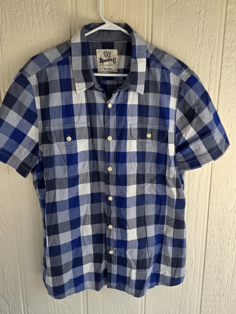 Men's Roebuck & Co Blue and White Plaid Short Sleeve Button-Down